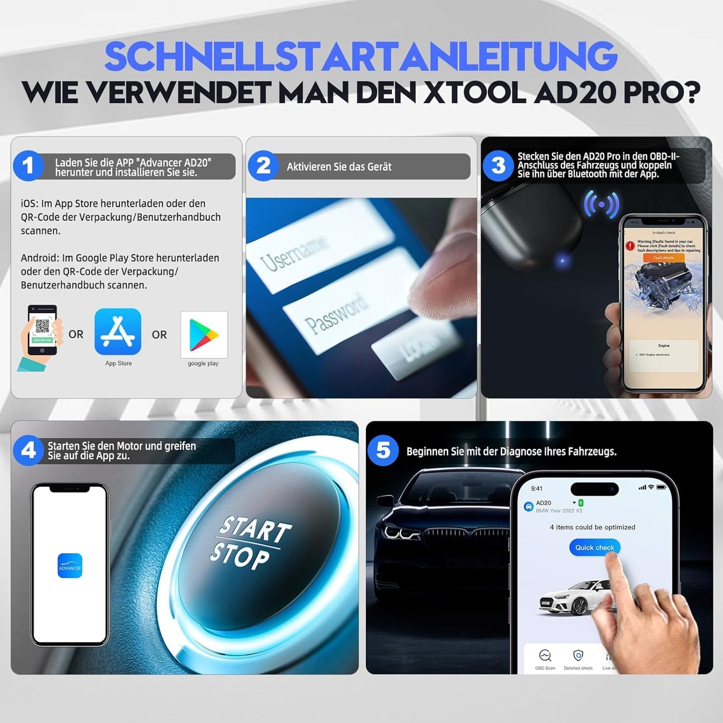 XTOOL AD20 Pro OBD2 Diagnosegerät Auto Scanner Alle System Scan, Obd2 Auslesegerät Mit Dtc-Definition, Öl-Reset, 15+ Sprachen, Spannungserkennung, Lebenslange Kostenlose Updates, Für Ios Und Android