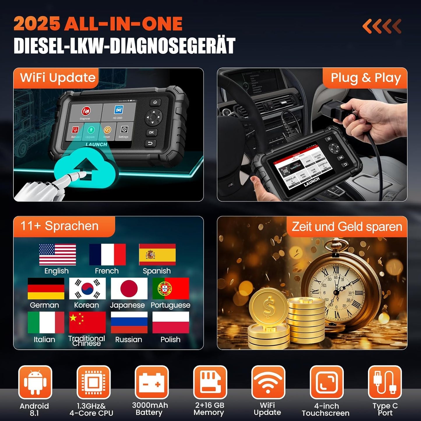 LAUNCH CRP129 HD Elite LKW Scanner, Diagnosegerät Vollständiger System-Codeleser Für 24V Schwerlastkraftwagen, Mit 7 Rückstellservice Für 99% 24-V Lastwagen & Nutzfahrzeuge Heavy Duty Truck