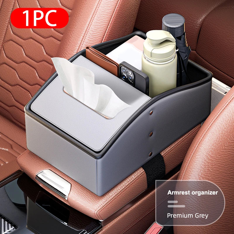 Car Arm Rest Storage Box Nappa Leather Armrest Organizer with Tissue Holder Universal Auto Center Console Extension Box