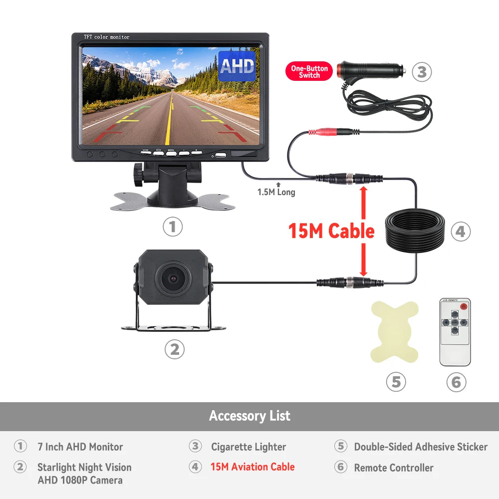 7" AHD Car Monitor with AHD Rear View Camera for Truck Parking 12-24V Reversing 1080P Camera Screen Easy Installation