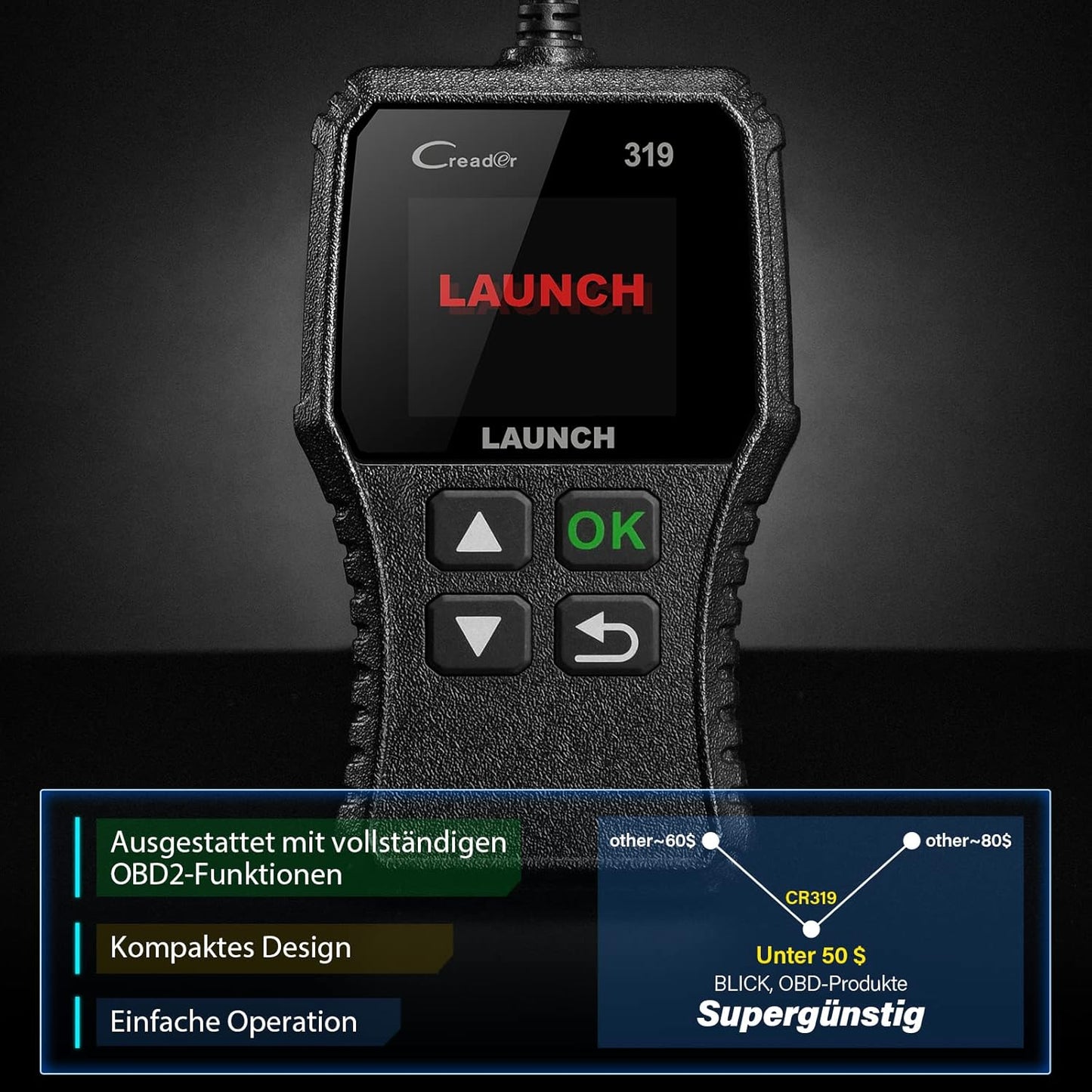 LAUNCH CR319 OBD2 Diagnosegerät OBD Fahrzeug Code-Scanner Fehlercodeleser Unterstützt Alle Autos Mit Obdii/Eobd/Can-Modi Und 16-Pin Obdii-Schnittstelle O2-Sensor / Evap-Test