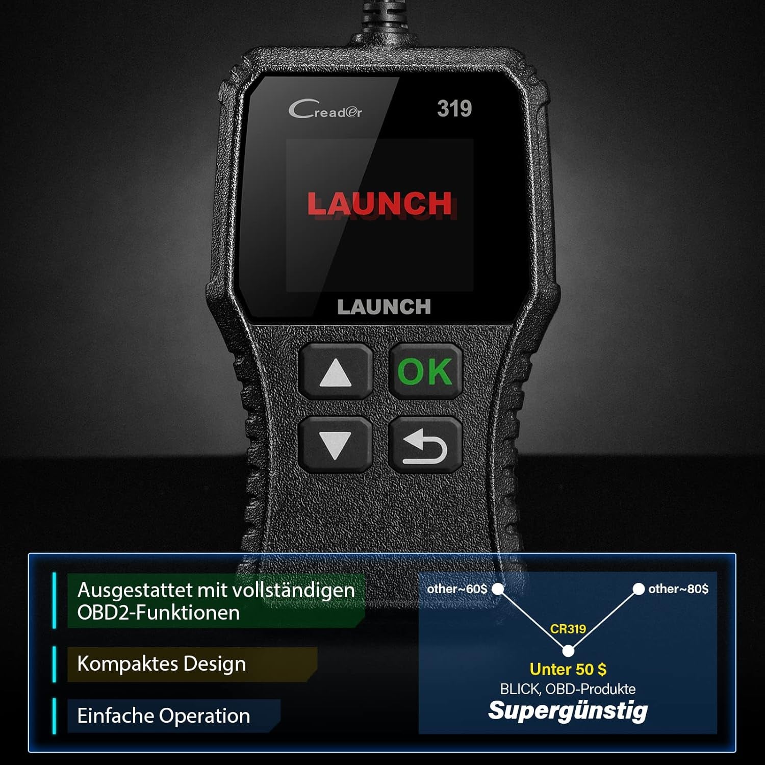 LAUNCH CR319 OBD2 Diagnosegerät OBD Fahrzeug Code-Scanner Fehlercodeleser Unterstützt Alle Autos Mit Obdii/Eobd/Can-Modi Und 16-Pin Obdii-Schnittstelle O2-Sensor / Evap-Test
