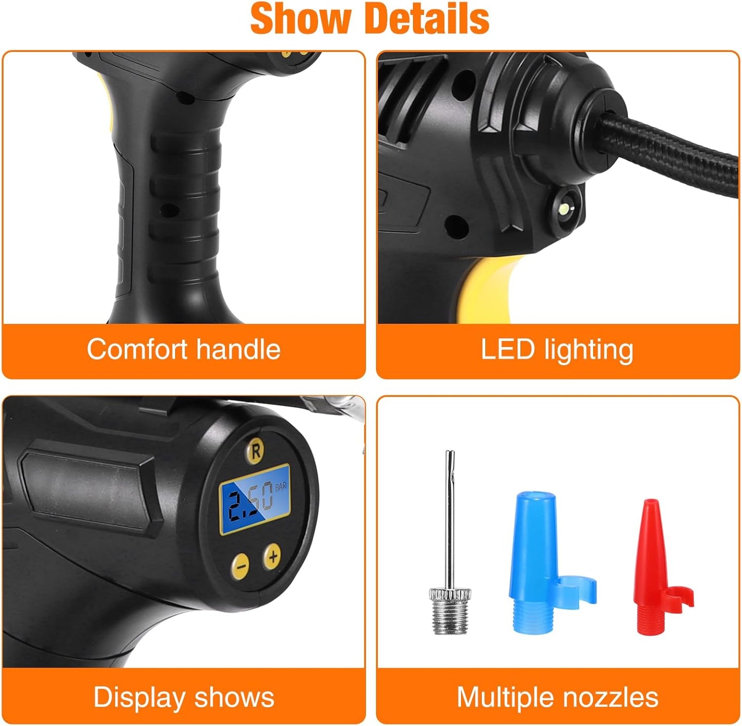 Luftpumpe Für Autoreifen, Kabellos, Elektrische Reifenpumpe, 150 PSI, Tragbar, Elektrische Pumpe Für Autoreifen Mit Led-Licht, Für Motorrad Bike Ball, 168CQJ