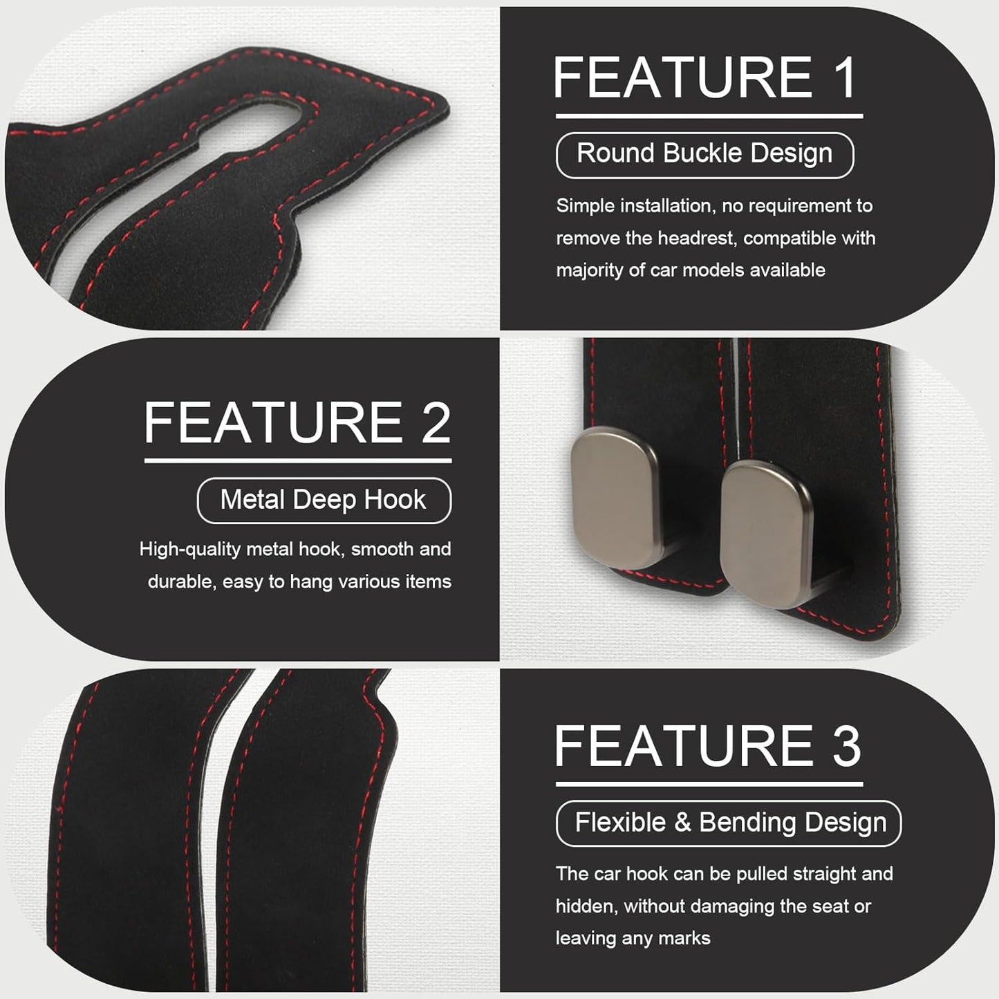 2 Pcs Multifunctional Headrest Hooks for Car, Premium Suede Material Purse Holder for Car, Double Car Seat Hooks for Headrest, Car Headrest Hook Fits Universal Car Seat Back Storage Hook