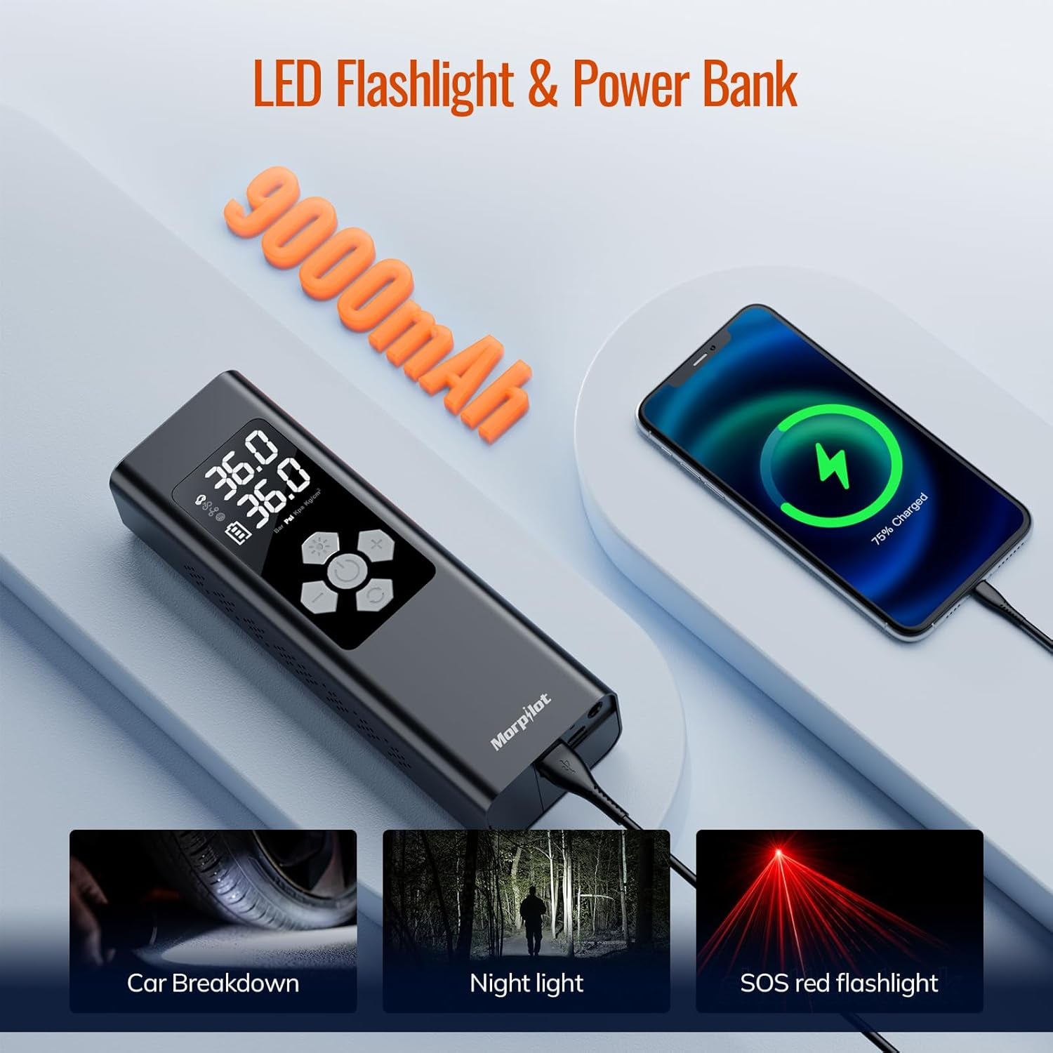 Morpilot Elektrische Luftpumpe, 9000Mah Akku Luftpumpe Kompressor, Fahrradpumpe Elektrisch Mit Digitalanzeige Und Notbeleuchtung, Pumpe Für Auto, Motorrad, Fahrräder, Bälle