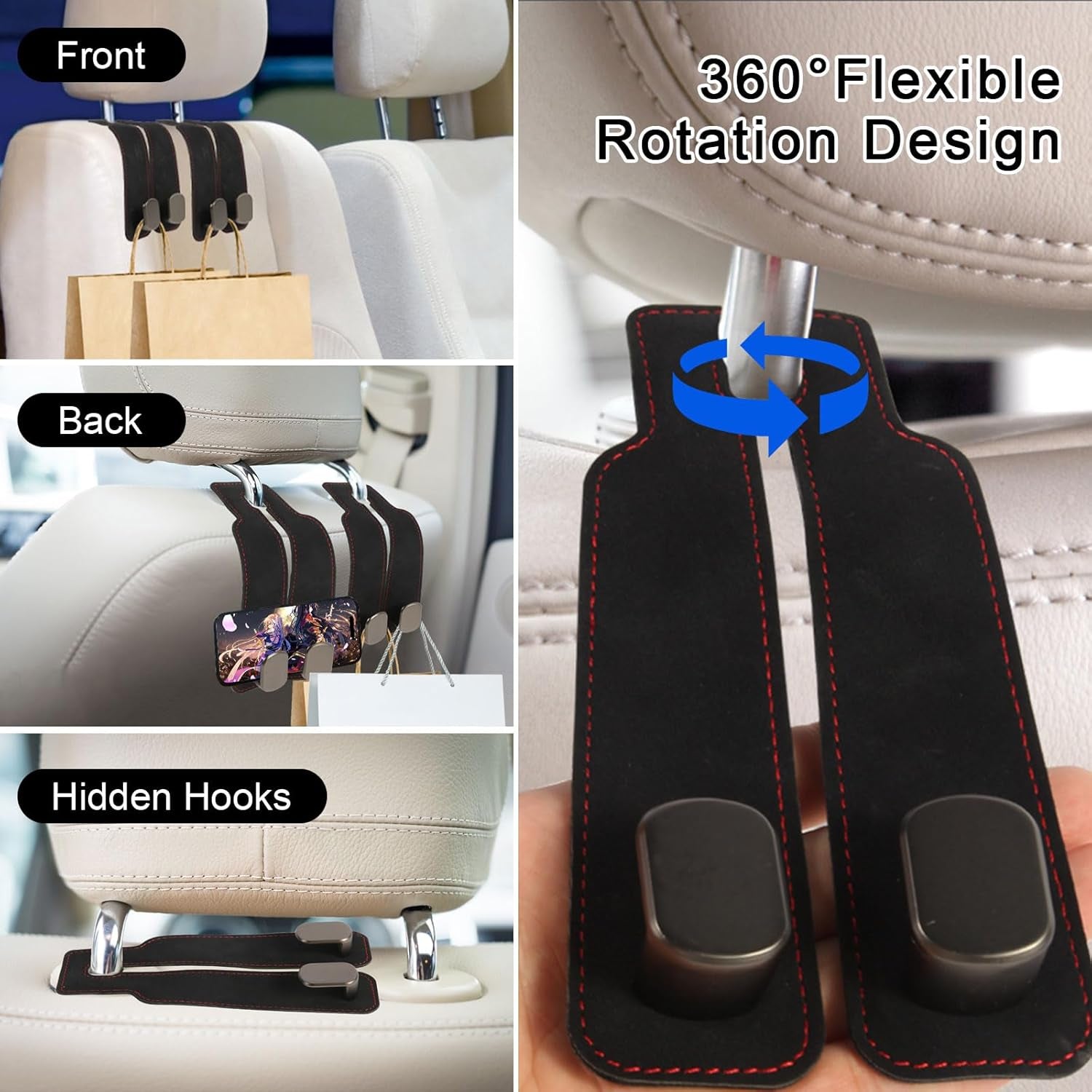2 Pcs Multifunctional Headrest Hooks for Car, Premium Suede Material Purse Holder for Car, Double Car Seat Hooks for Headrest, Car Headrest Hook Fits Universal Car Seat Back Storage Hook