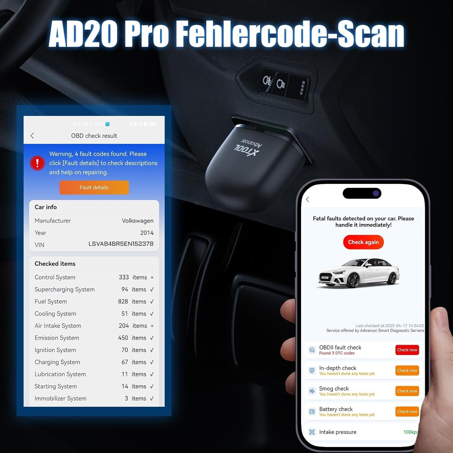 XTOOL AD20 Pro OBD2 Diagnosegerät Auto Scanner Alle System Scan, Obd2 Auslesegerät Mit Dtc-Definition, Öl-Reset, 15+ Sprachen, Spannungserkennung, Lebenslange Kostenlose Updates, Für Ios Und Android