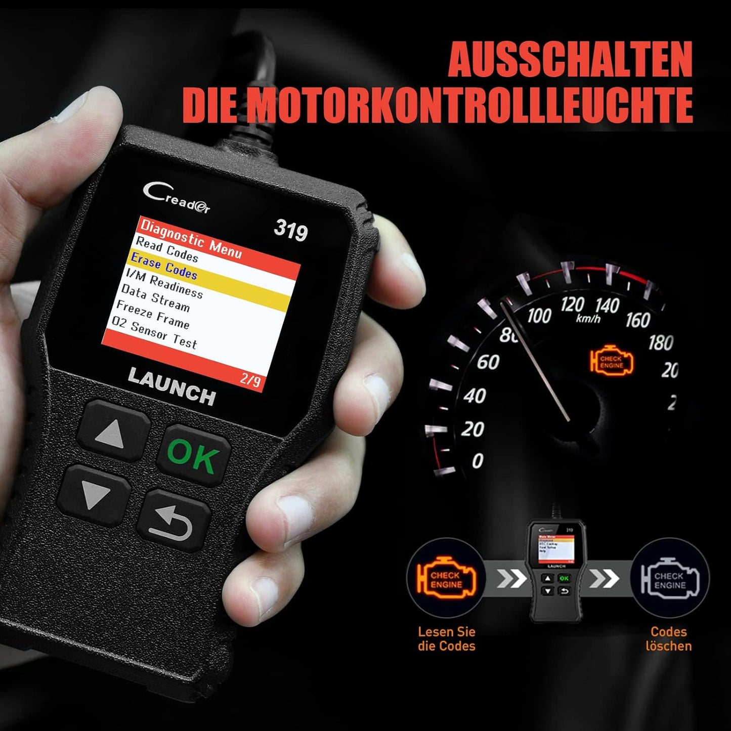 LAUNCH CR319 OBD2 Diagnosegerät OBD Fahrzeug Code-Scanner Fehlercodeleser Unterstützt Alle Autos Mit Obdii/Eobd/Can-Modi Und 16-Pin Obdii-Schnittstelle O2-Sensor / Evap-Test