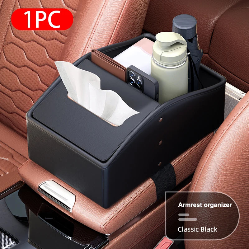 Car Arm Rest Storage Box Nappa Leather Armrest Organizer with Tissue Holder Universal Auto Center Console Extension Box