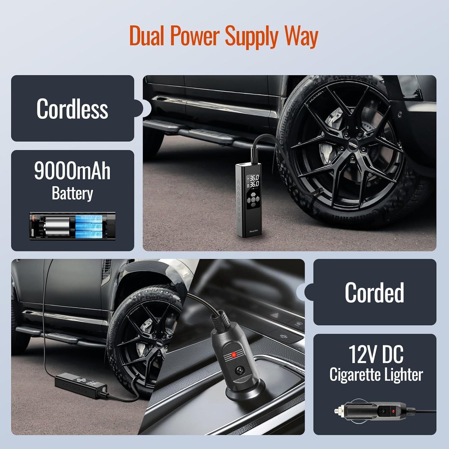 Morpilot Elektrische Luftpumpe, 9000Mah Akku Luftpumpe Kompressor, Fahrradpumpe Elektrisch Mit Digitalanzeige Und Notbeleuchtung, Pumpe Für Auto, Motorrad, Fahrräder, Bälle