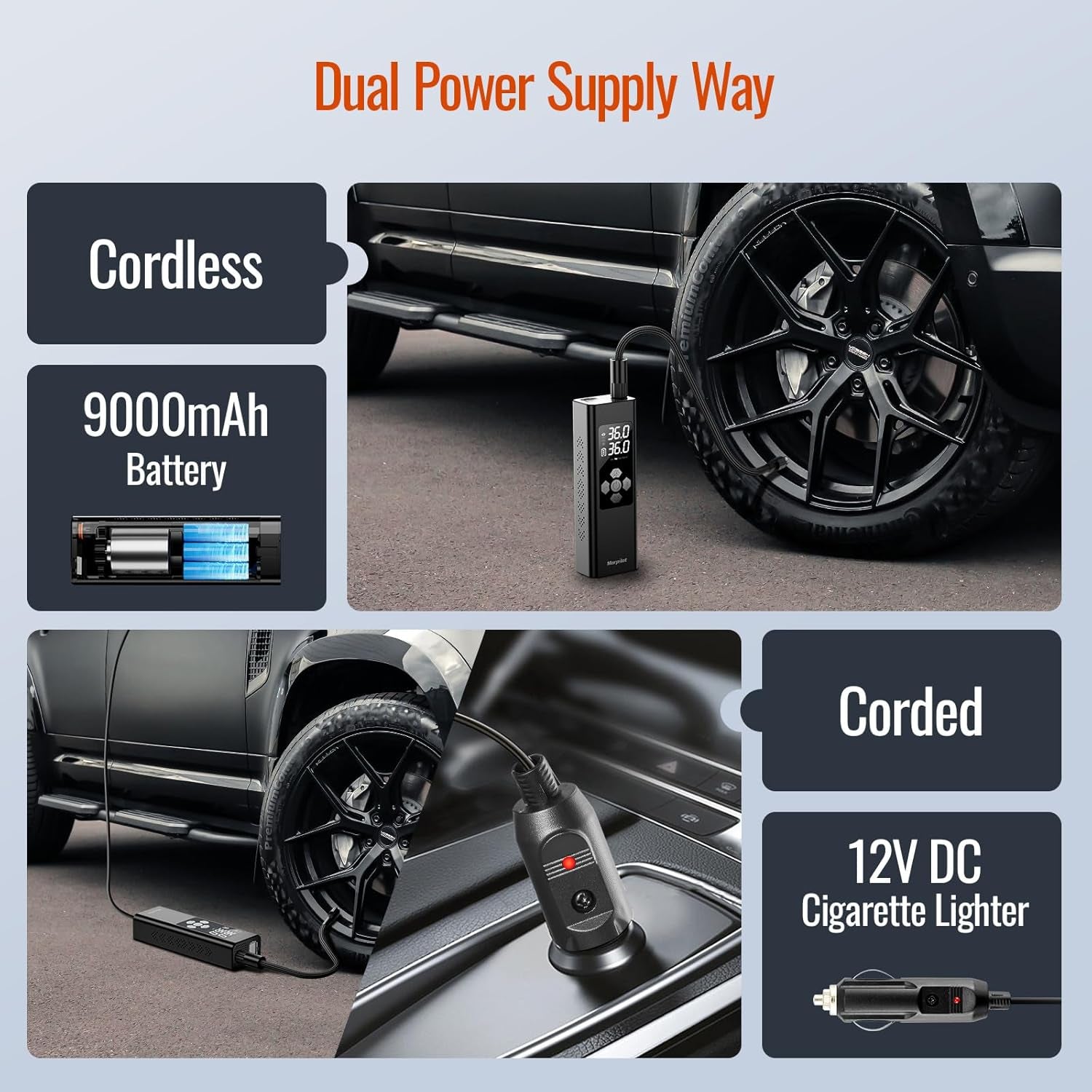 Morpilot Elektrische Luftpumpe, 9000Mah Akku Luftpumpe Kompressor, Fahrradpumpe Elektrisch Mit Digitalanzeige Und Notbeleuchtung, Pumpe Für Auto, Motorrad, Fahrräder, Bälle