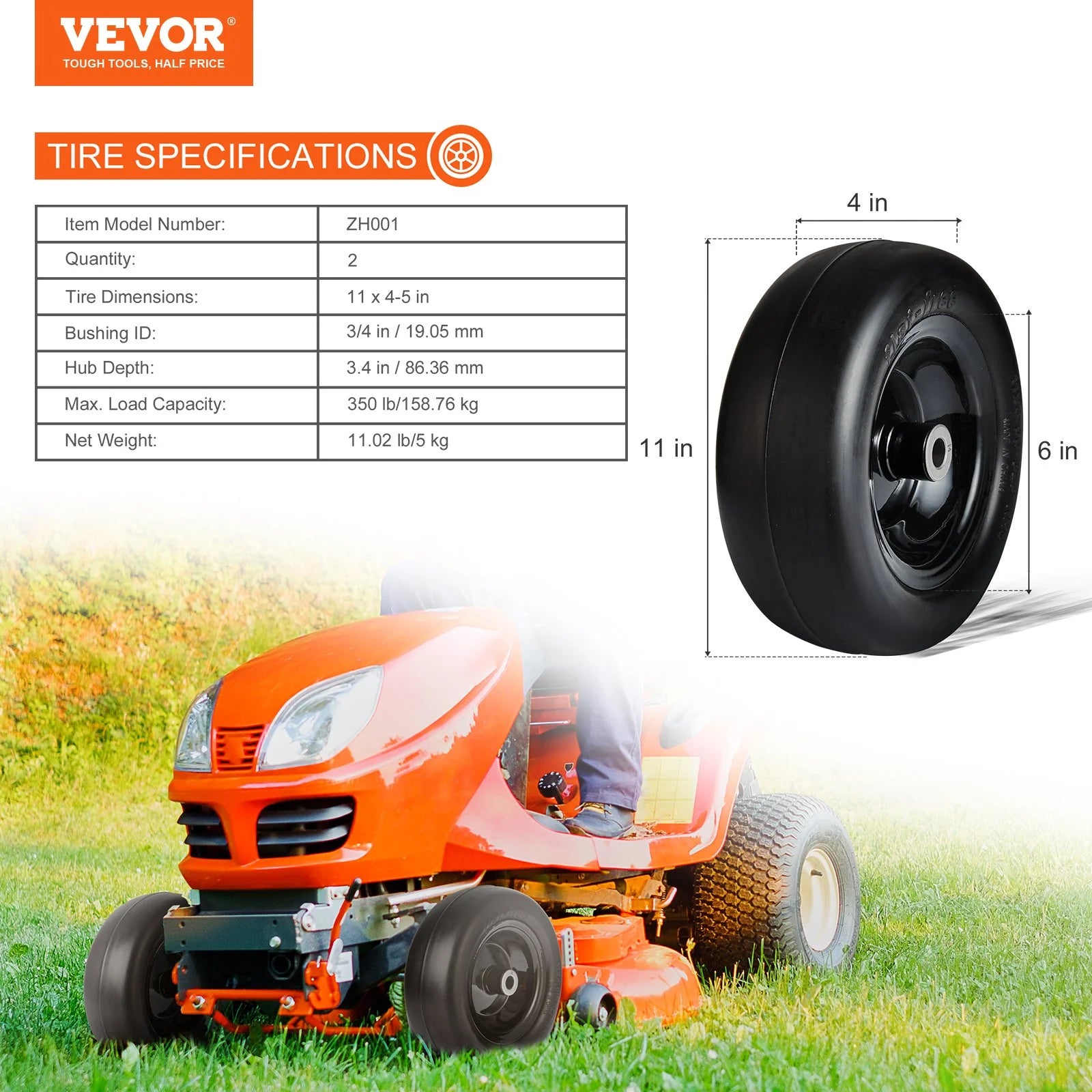 VEVOR Lawn Mower Tires with Rim, 11X4-7 Tubeless Tractor Tires, 2-Pack Tire and Wheel Assemby, Flat-Free PU Tire, 3.4 Centered Hub, 3/4 Bushing Size, 20 PCS Adapters for Riding Mowers Lawn Tractors