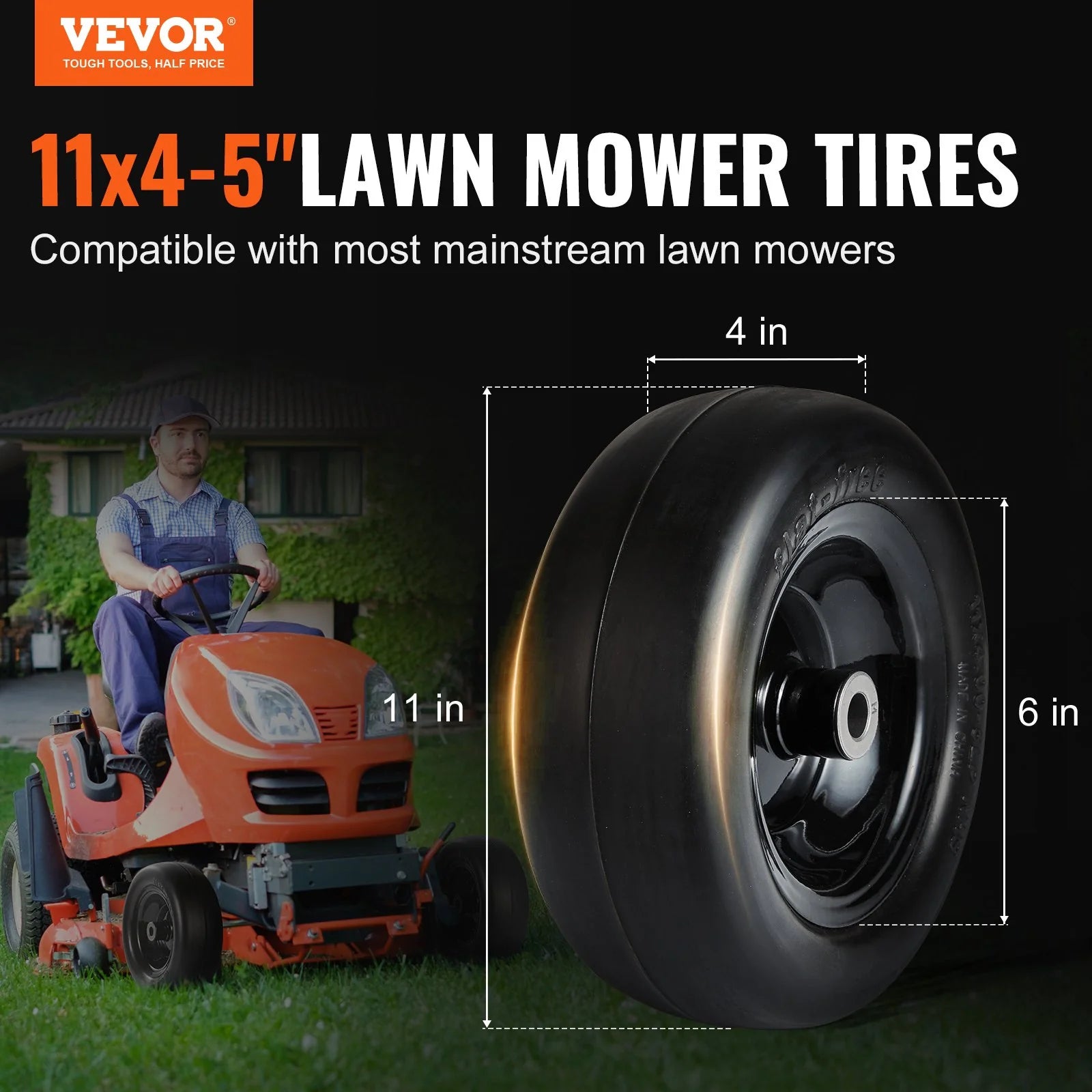 VEVOR Lawn Mower Tires with Rim, 11X4-7 Tubeless Tractor Tires, 2-Pack Tire and Wheel Assemby, Flat-Free PU Tire, 3.4 Centered Hub, 3/4 Bushing Size, 20 PCS Adapters for Riding Mowers Lawn Tractors