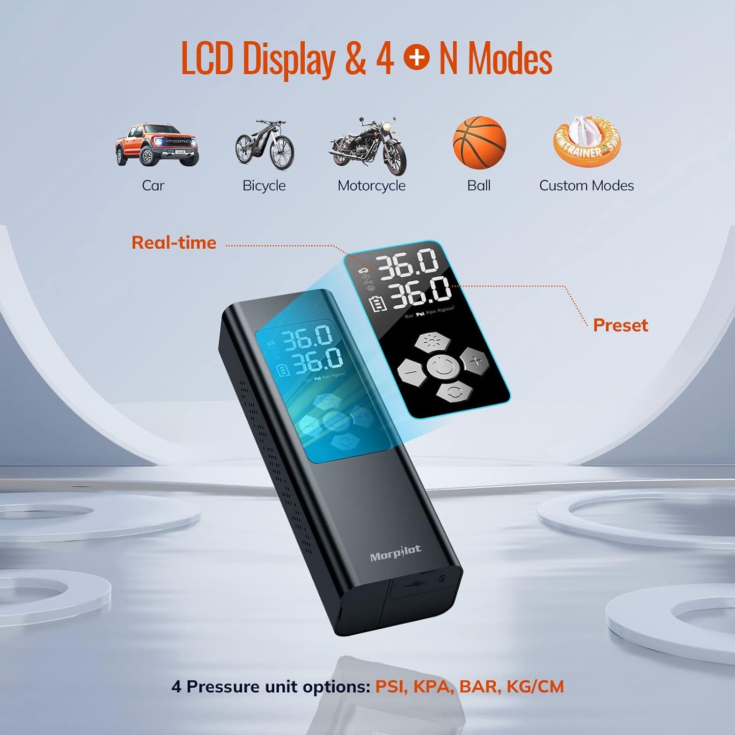 Morpilot Elektrische Luftpumpe, 9000Mah Akku Luftpumpe Kompressor, Fahrradpumpe Elektrisch Mit Digitalanzeige Und Notbeleuchtung, Pumpe Für Auto, Motorrad, Fahrräder, Bälle