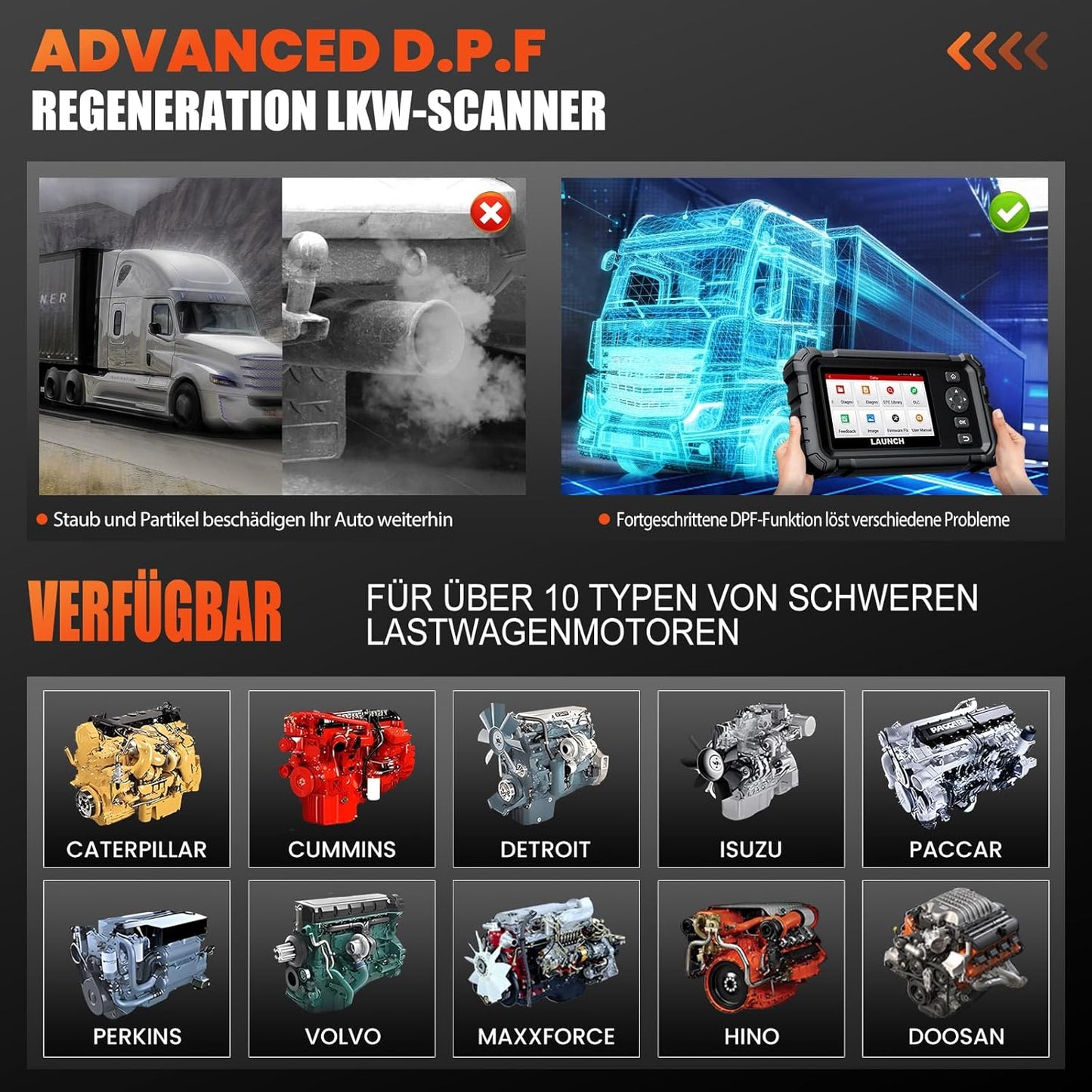 LAUNCH CRP129 HD Elite LKW Scanner, Diagnosegerät Vollständiger System-Codeleser Für 24V Schwerlastkraftwagen, Mit 7 Rückstellservice Für 99% 24-V Lastwagen & Nutzfahrzeuge Heavy Duty Truck