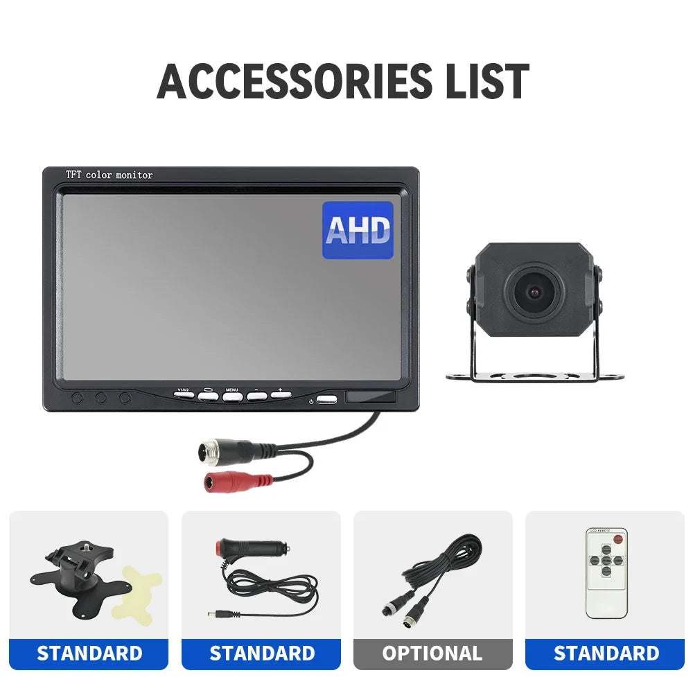 7" AHD Car Monitor with AHD Rear View Camera for Truck Parking 12-24V Reversing 1080P Camera Screen Easy Installation