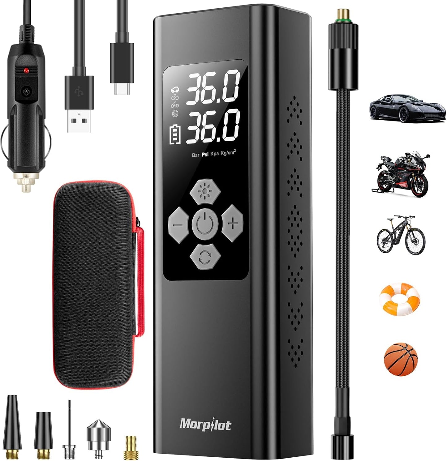 Morpilot Elektrische Luftpumpe, 9000Mah Akku Luftpumpe Kompressor, Fahrradpumpe Elektrisch Mit Digitalanzeige Und Notbeleuchtung, Pumpe Für Auto, Motorrad, Fahrräder, Bälle