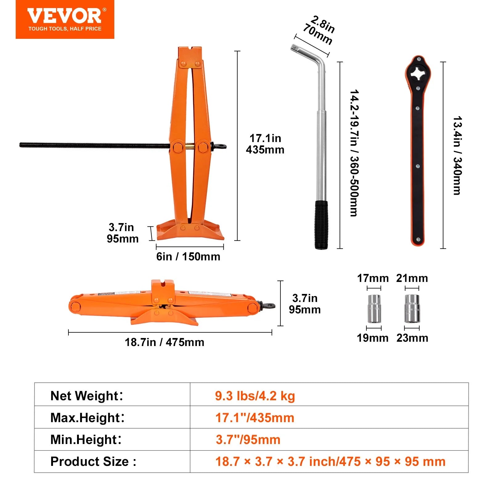 VEVOR Scissor Jack, 2.5 Ton/5512 Lbs Scissor Car Jack, 3.7-17.1 Lifting Range Scissor Lift Jack with Ratcheting Handle and L-Wrench, Portable Tire Jack for Cars Trucks Sedans Mpvs