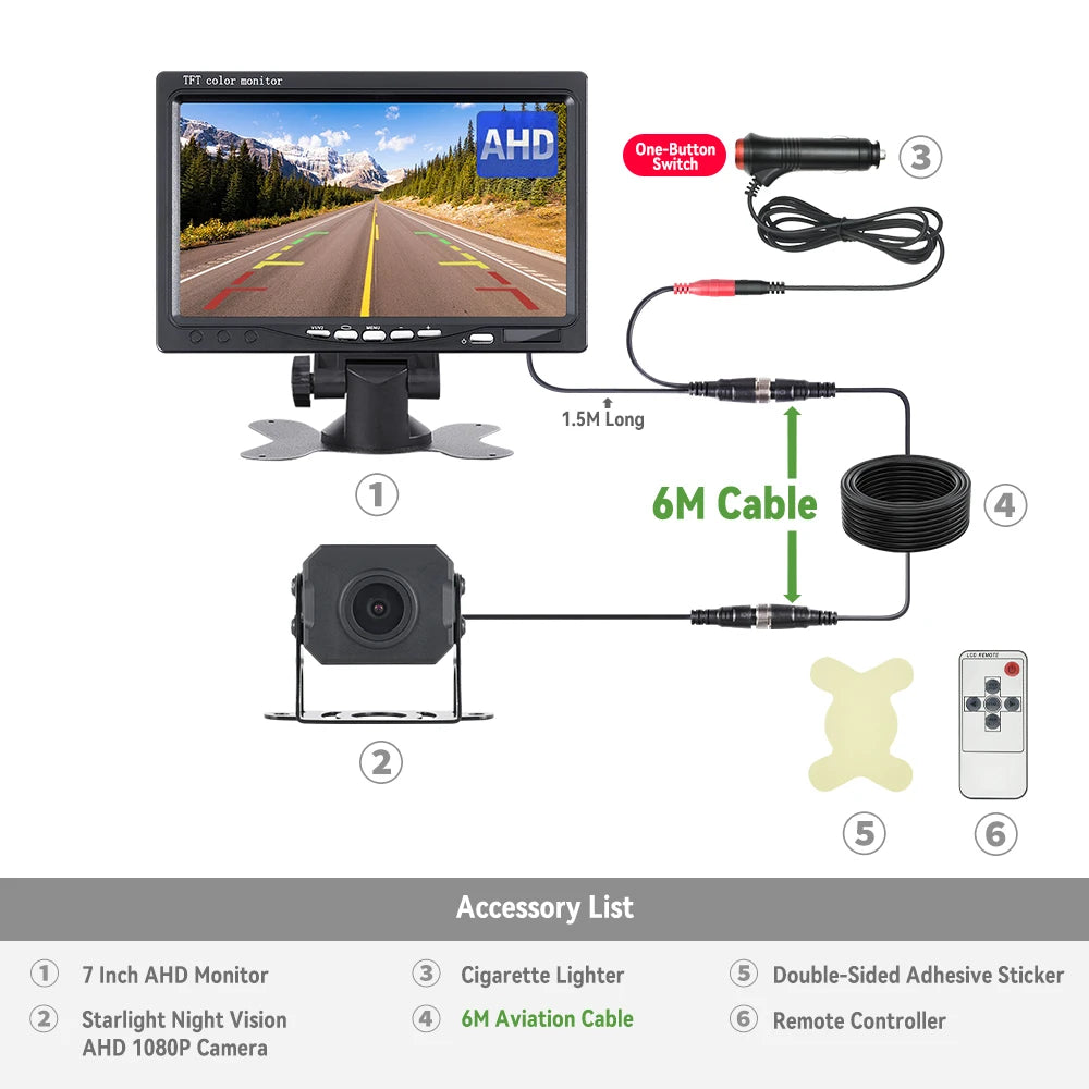 7" AHD Car Monitor with AHD Rear View Camera for Truck Parking 12-24V Reversing 1080P Camera Screen Easy Installation