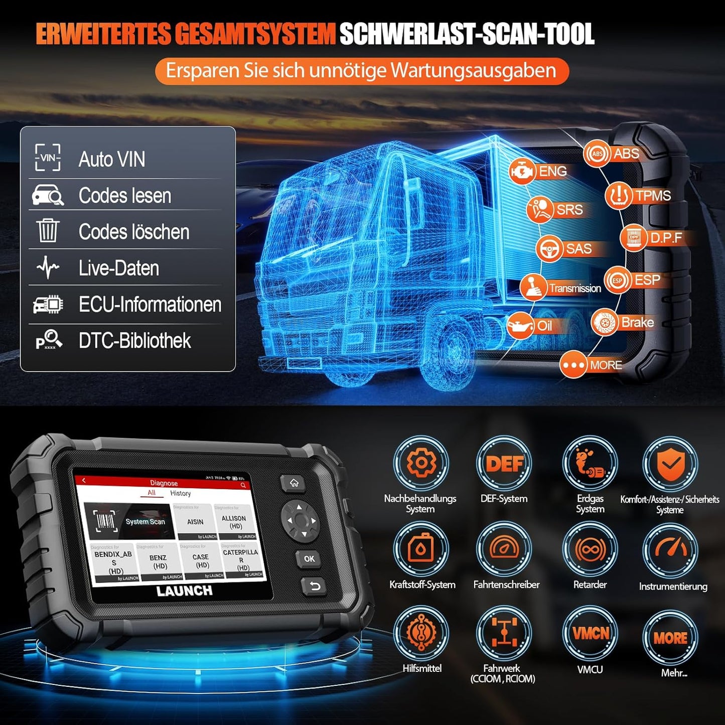 LAUNCH CRP129 HD Elite LKW Scanner, Diagnosegerät Vollständiger System-Codeleser Für 24V Schwerlastkraftwagen, Mit 7 Rückstellservice Für 99% 24-V Lastwagen & Nutzfahrzeuge Heavy Duty Truck