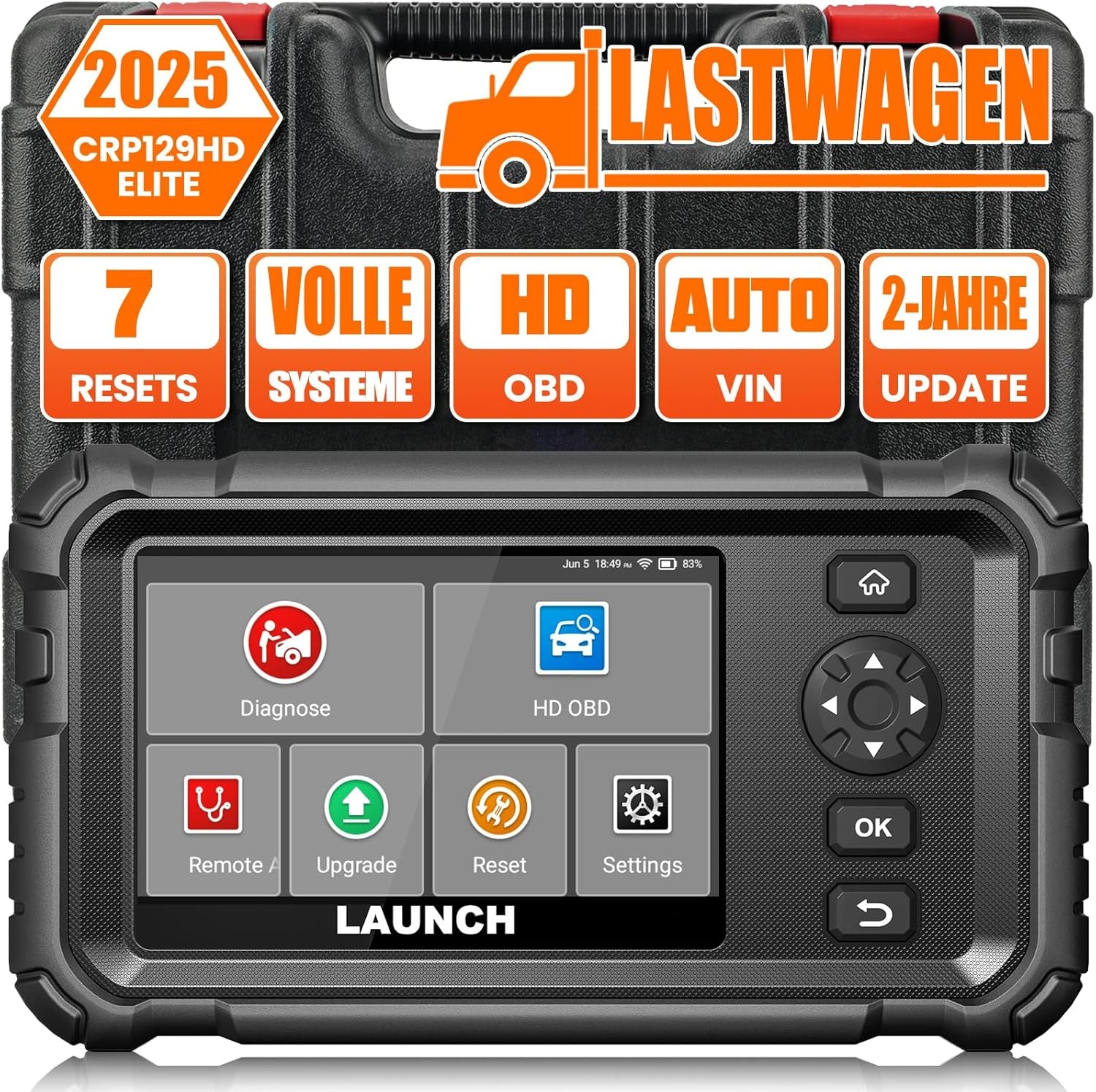 LAUNCH CRP129 HD Elite LKW Scanner, Diagnosegerät Vollständiger System-Codeleser Für 24V Schwerlastkraftwagen, Mit 7 Rückstellservice Für 99% 24-V Lastwagen & Nutzfahrzeuge Heavy Duty Truck