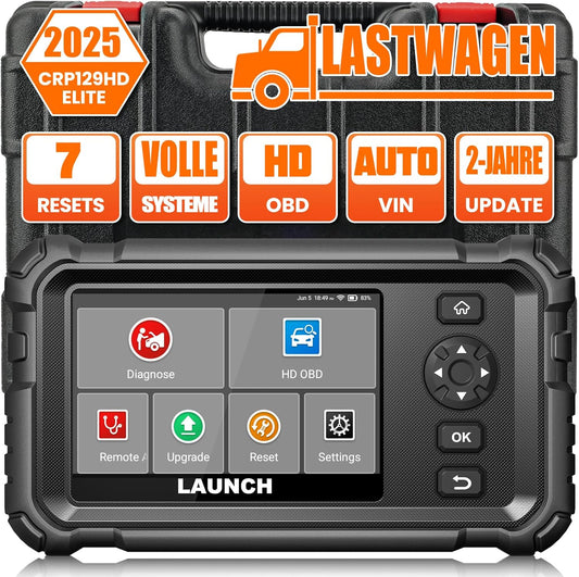 LAUNCH CRP129 HD Elite LKW Scanner, Diagnosegerät Vollständiger System-Codeleser Für 24V Schwerlastkraftwagen, Mit 7 Rückstellservice Für 99% 24-V Lastwagen & Nutzfahrzeuge Heavy Duty Truck