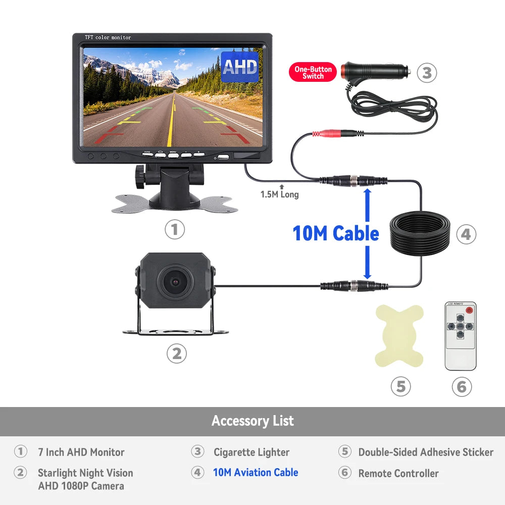 7" AHD Car Monitor with AHD Rear View Camera for Truck Parking 12-24V Reversing 1080P Camera Screen Easy Installation