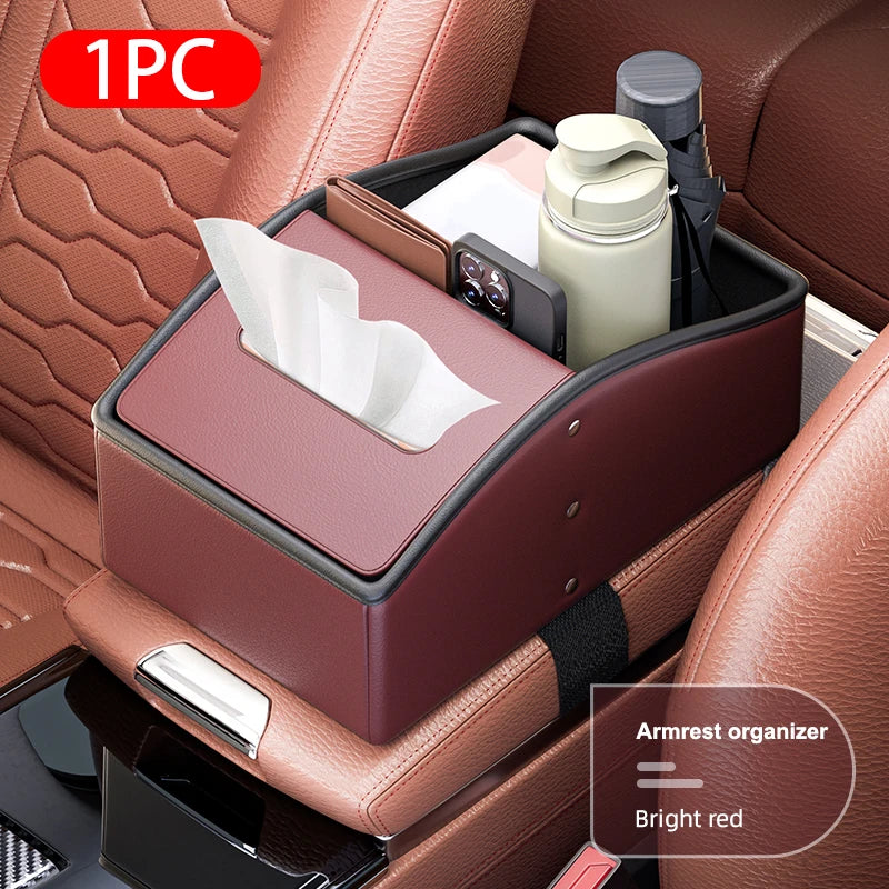 Car Arm Rest Storage Box Nappa Leather Armrest Organizer with Tissue Holder Universal Auto Center Console Extension Box