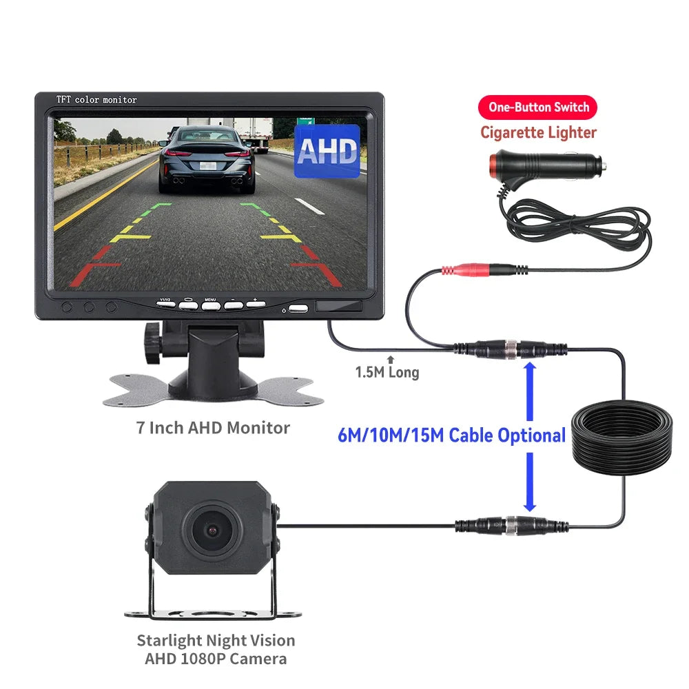 7" AHD Car Monitor with AHD Rear View Camera for Truck Parking 12-24V Reversing 1080P Camera Screen Easy Installation