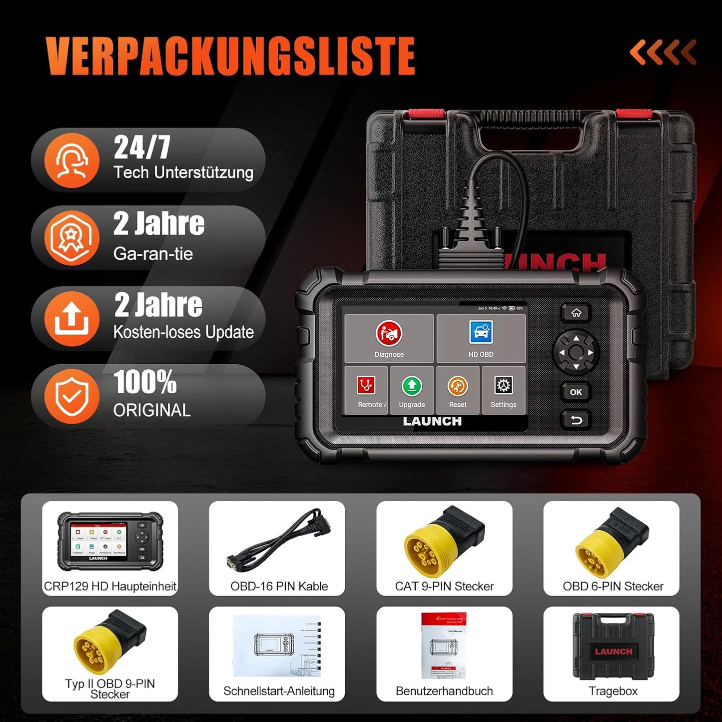 LAUNCH CRP129 HD Elite LKW Scanner, Diagnosegerät Vollständiger System-Codeleser Für 24V Schwerlastkraftwagen, Mit 7 Rückstellservice Für 99% 24-V Lastwagen & Nutzfahrzeuge Heavy Duty Truck