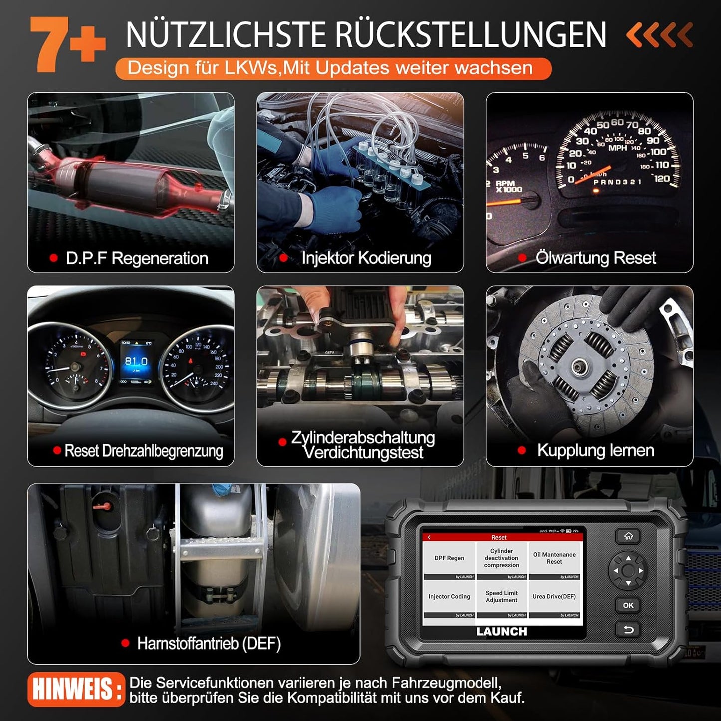 LAUNCH CRP129 HD Elite LKW Scanner, Diagnosegerät Vollständiger System-Codeleser Für 24V Schwerlastkraftwagen, Mit 7 Rückstellservice Für 99% 24-V Lastwagen & Nutzfahrzeuge Heavy Duty Truck