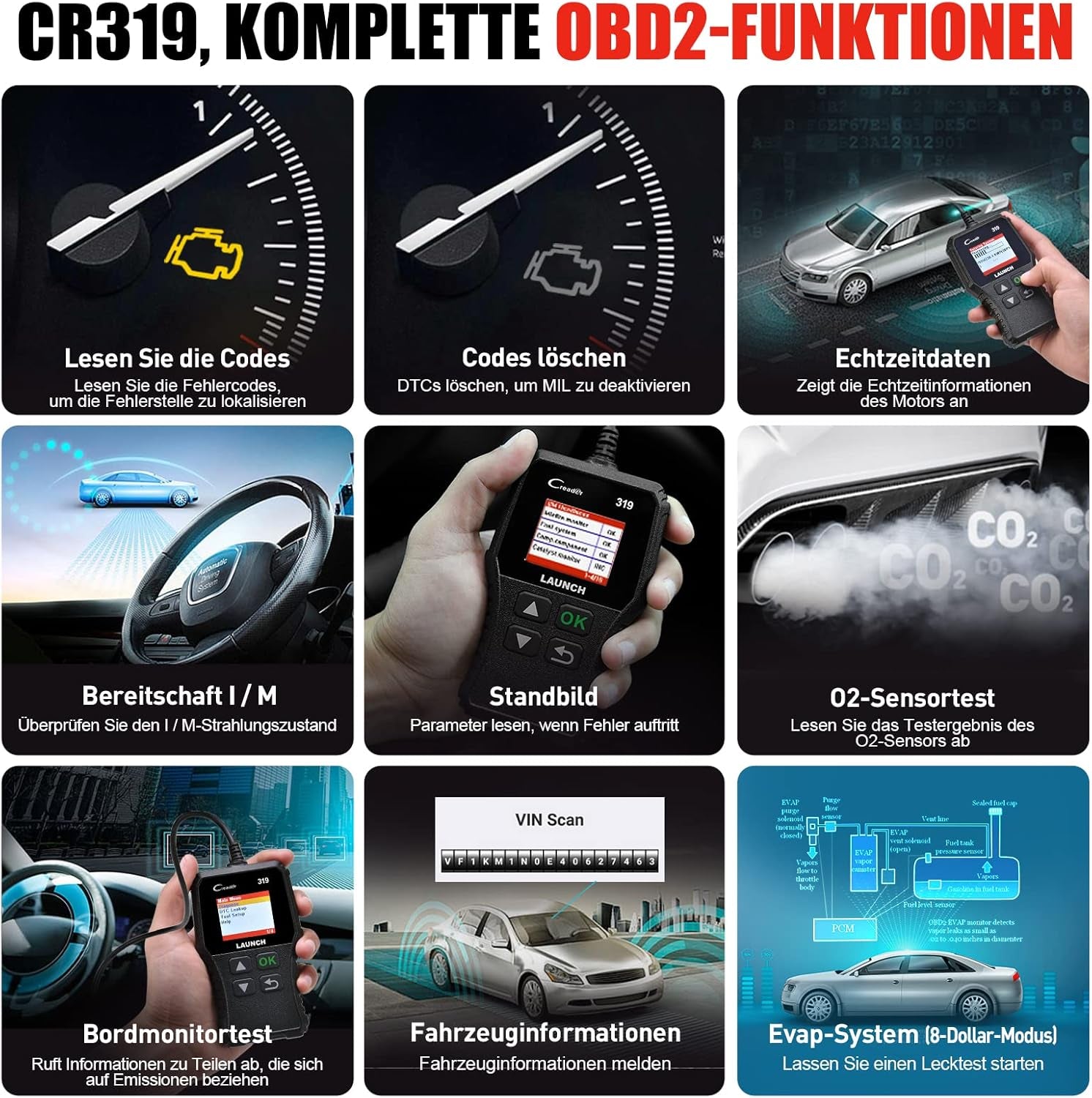 LAUNCH CR319 OBD2 Diagnosegerät OBD Fahrzeug Code-Scanner Fehlercodeleser Unterstützt Alle Autos Mit Obdii/Eobd/Can-Modi Und 16-Pin Obdii-Schnittstelle O2-Sensor / Evap-Test