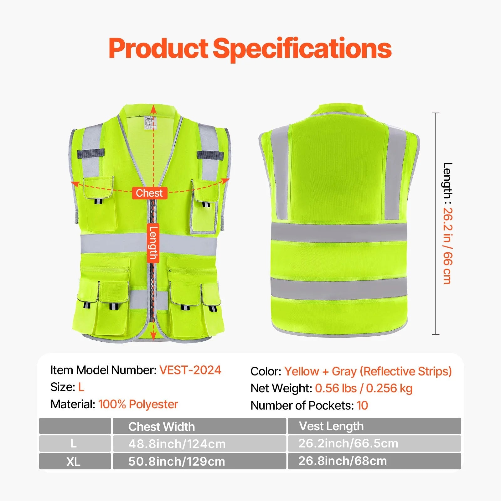 Safety Vest Reflective Yellow Work Vest with 10 Pockets for Men & Women