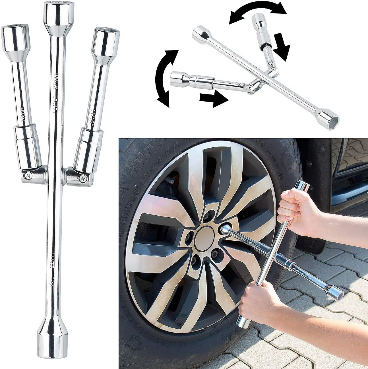 AGT Schlüssel: Faltbarer Kreuzschlüssel Für Radmuttern Der Größen 17, 19, 21 & 23 Mm (Schraubenschlüssel, Radkreuz, Drehmomentschlüssel)